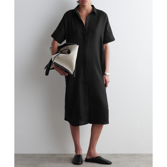 COS Linen Midi Shirt Dress Women’s Large Black 100% Linen Relaxed Fit Vacation - Picture 1 of 9